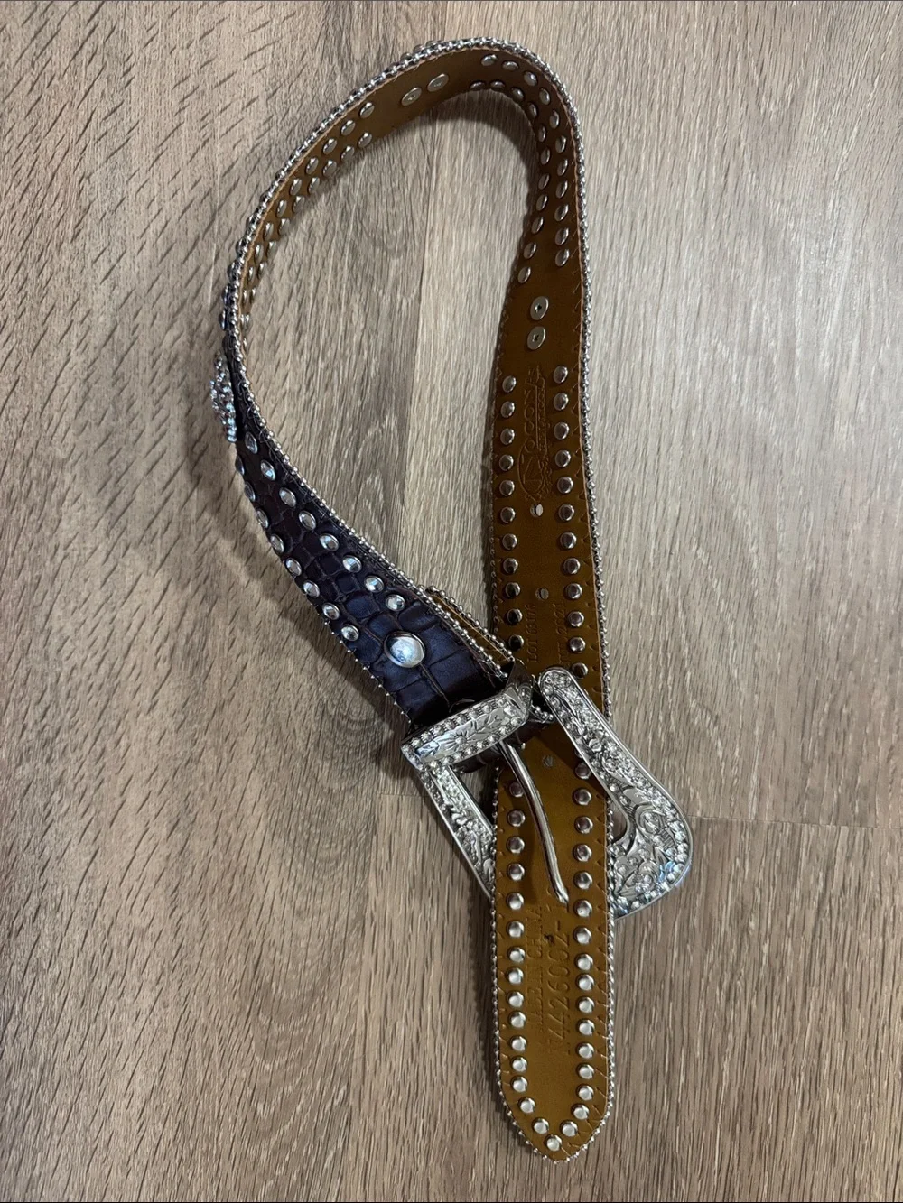 Jeweled Brown Leather Western Belt with Silver Buckle